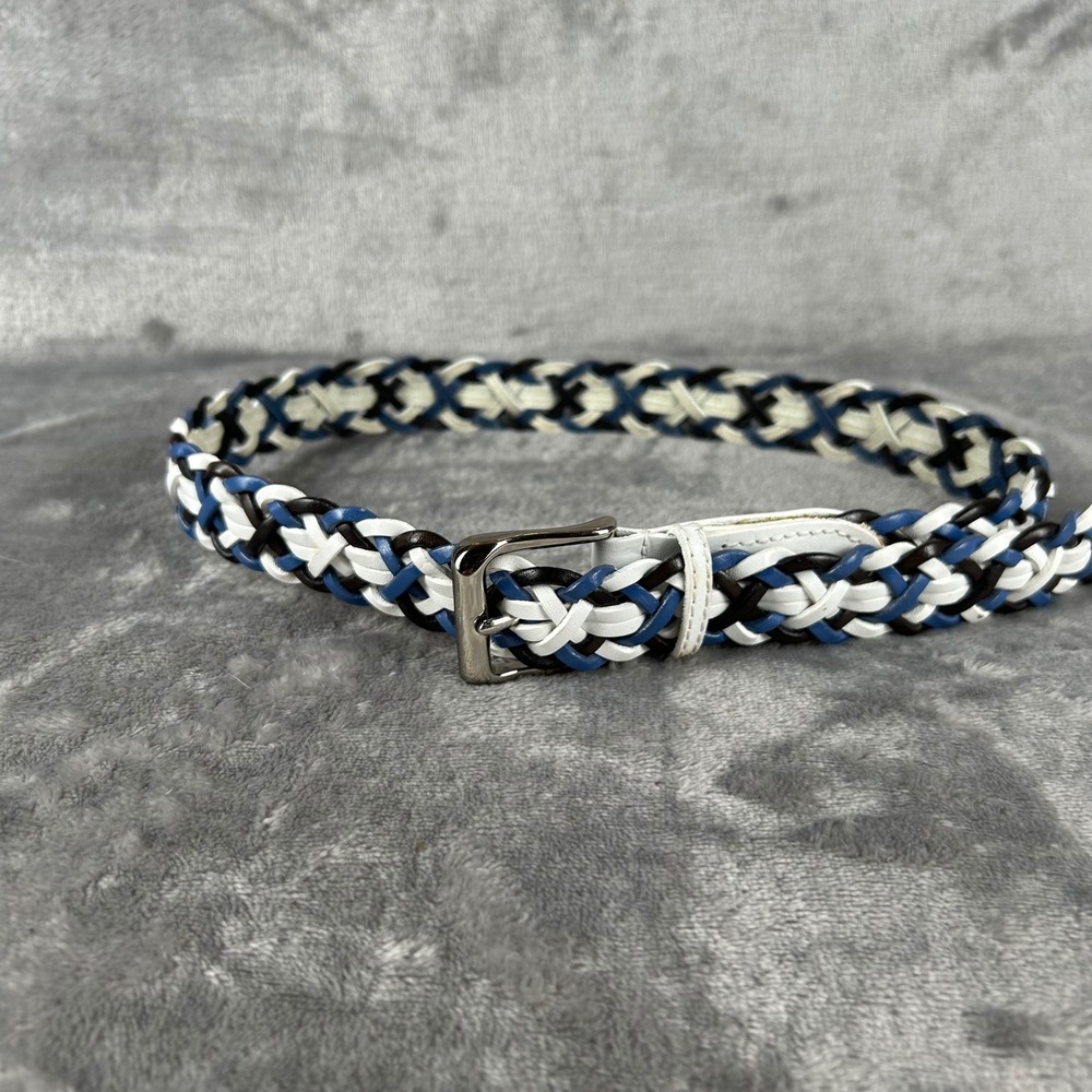 Talbots Womens Small Braided Leather Belt Blue White Brown Woven 6023